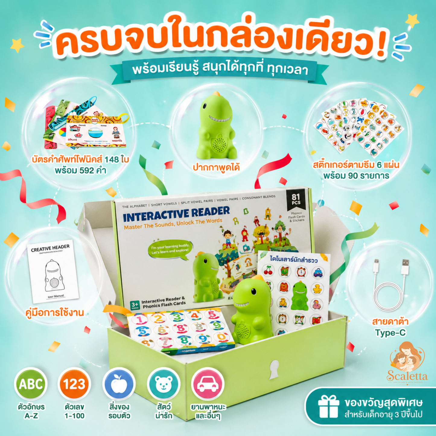 ไดโนเสาร์พูดได้ + การ์ดคำศัพท์ Scaletta